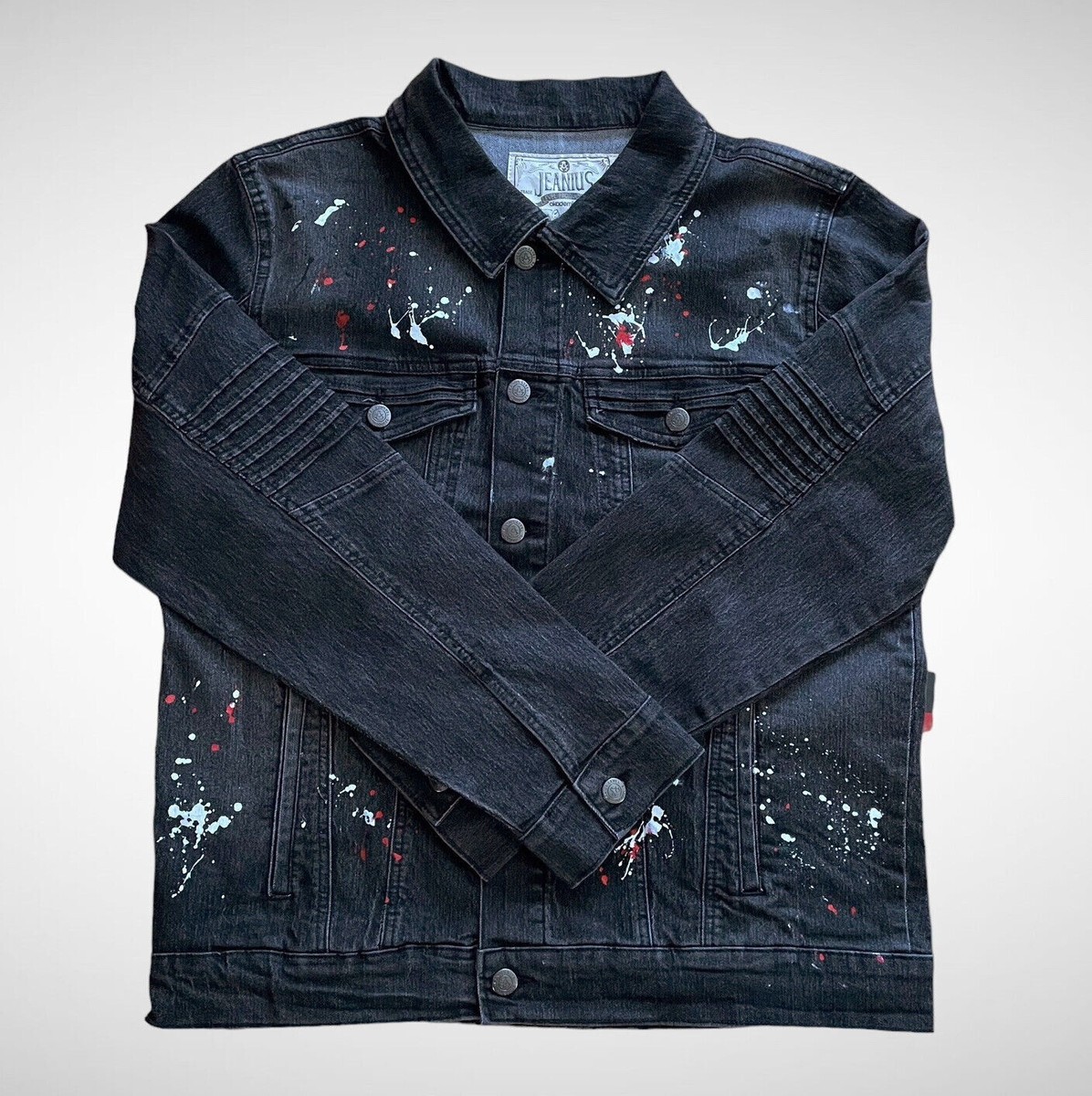Akademiks Jeanius Mens Graphite Paint Splatter Jean Jacket, Size L