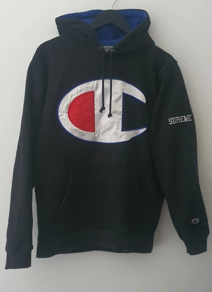 Sweat à capuche noir logo satin SS17 Supreme x Champion taille M moyen