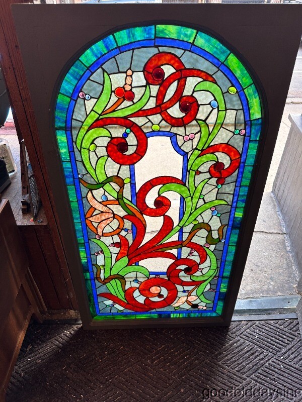 Beautiful Arched Top Stained Glass Window w/ Jewels 50