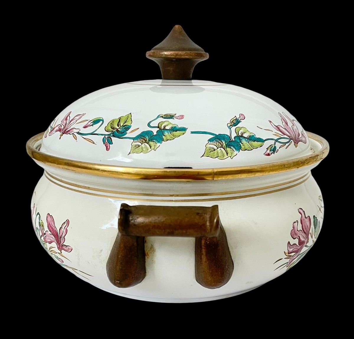 Vtg Fissler ASTA Enamelware Dutch Oven w Dome Lid Violetta Floral