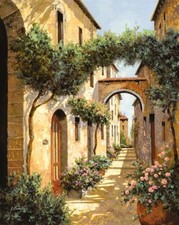 ceramic tile mural backsplash medallion. Tuscany archway flower garden passage