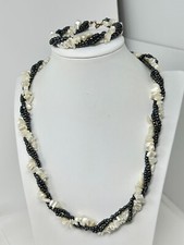 Vintage Faux Hematite and Mother of Pearl 24" Necklace 8" Bracelet Set
