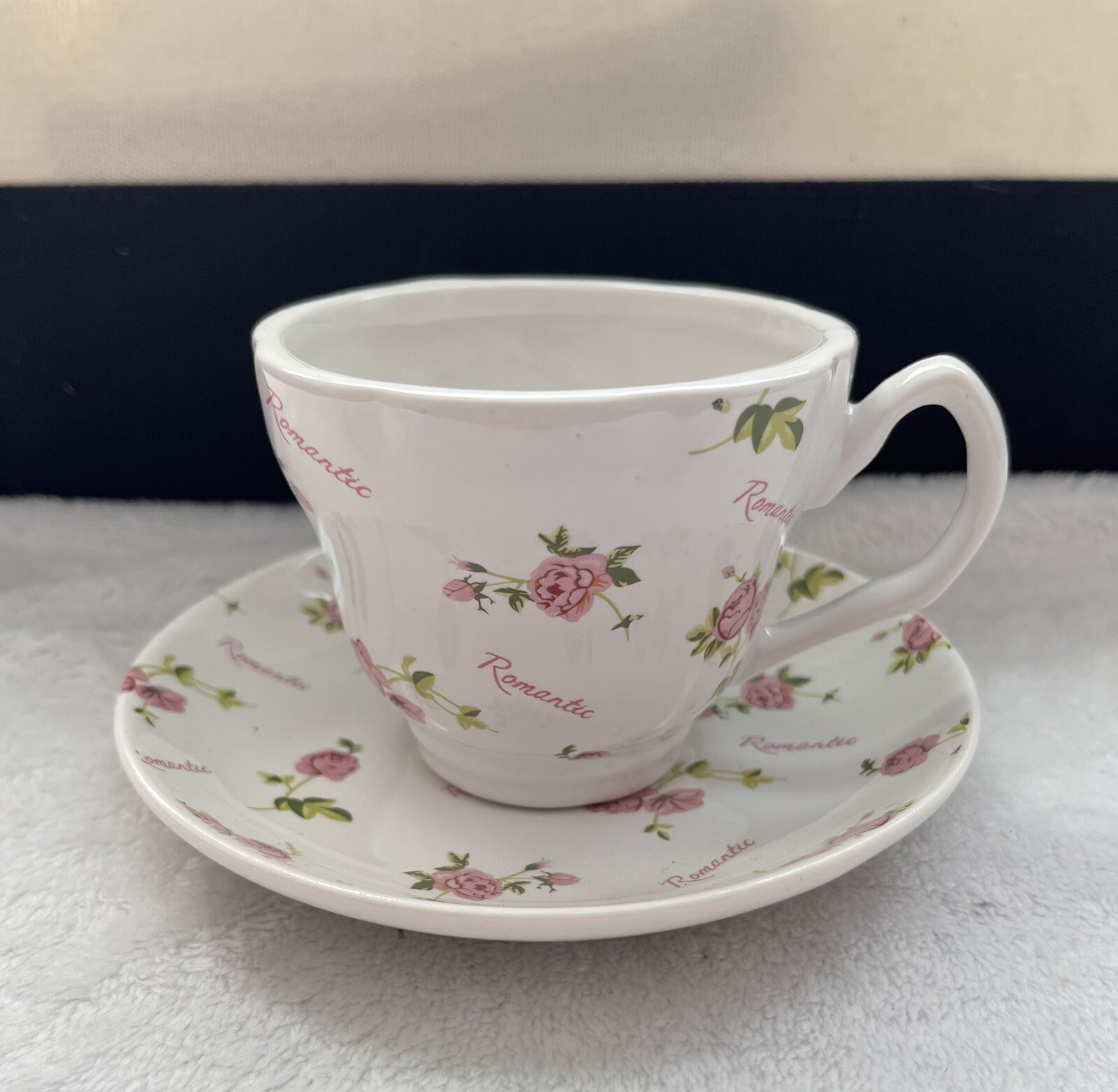 Tea Cup & Saucer Set Pink Roses Pink  Word Romantic New