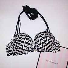 Victoria Secret Swim Bikini Top 34B Bombshell Push Up Black White Logo Add 2 Cup