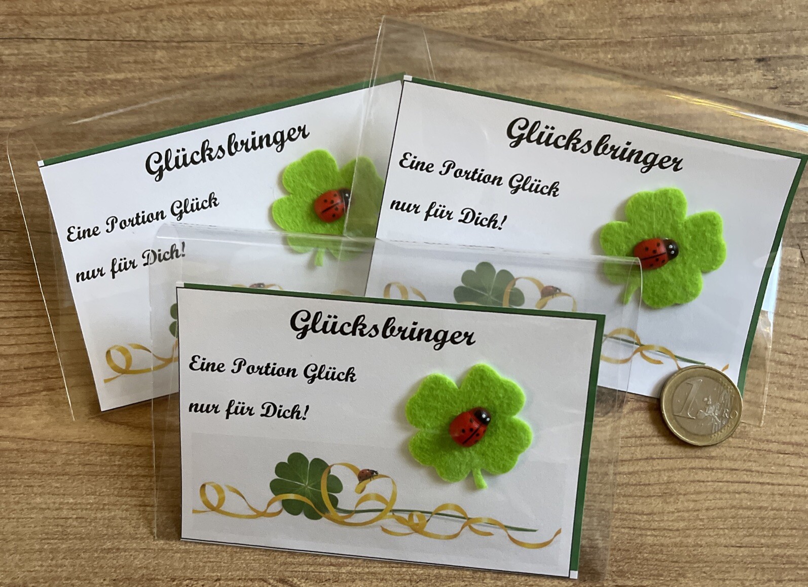 3 Mitbringsel Glücksbringer Kleeblatt Marienkäfer Glück Mit Spruch / Text