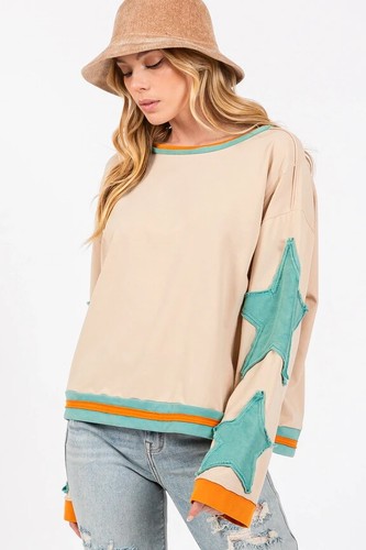 SAGE & FIG FRENCH TERRY STAR APPLIQUE PATCH PULLOVER TOP ST-7247 SAND/GREEN- SM - Picture 6 of 6