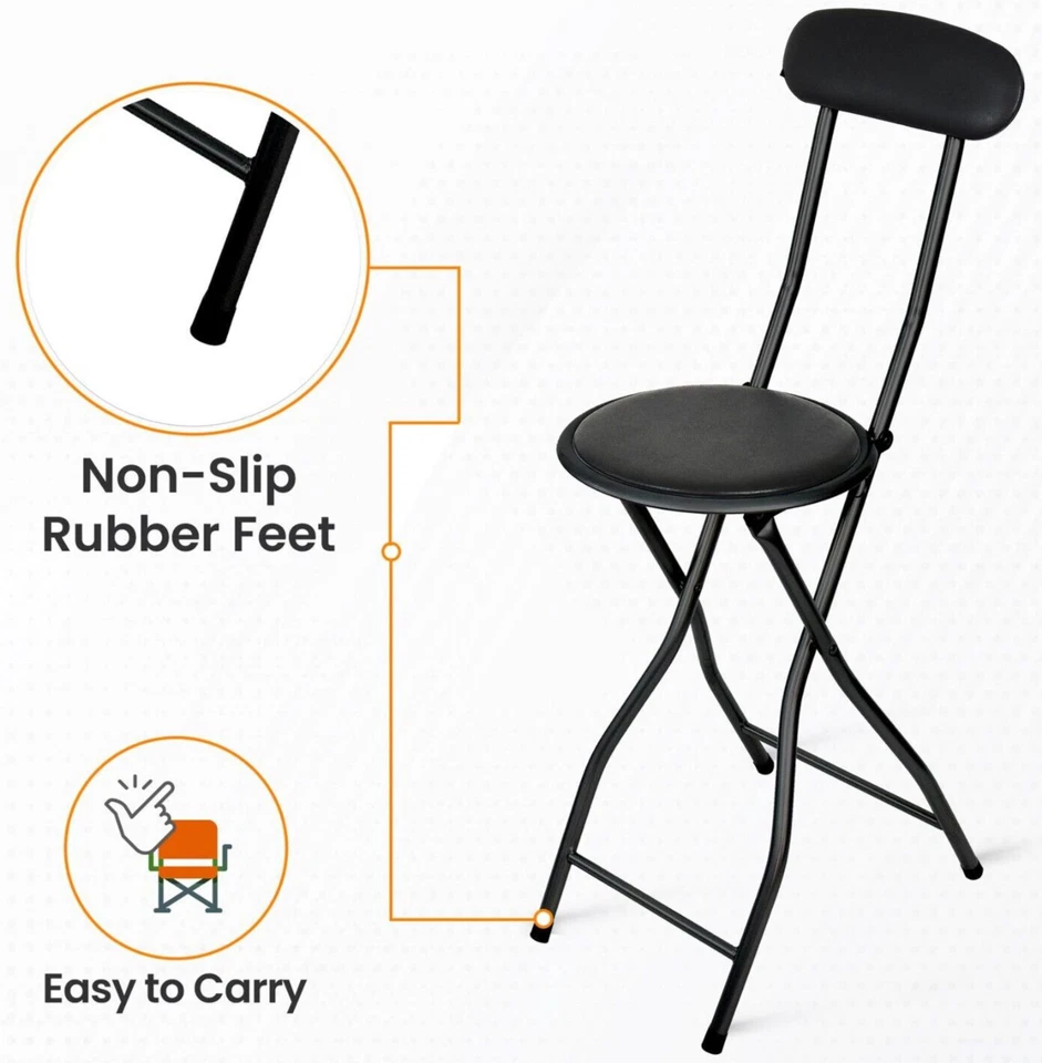 HIGH BACK FOLDING BAR STOOL BLACK PADDED BREAKFAST BAR STOOL ROUND FOLDABLE - Image 3 of 4