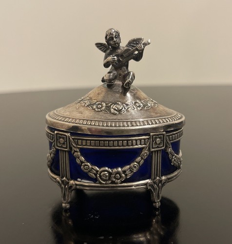 ANTIQUE SPANISH STERLING SILVER SALT CELLAR W/COBALT BLUE GLASS INSERT