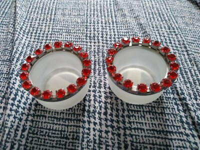 2 Frosted Glass Tealight holders with Red Rhinestones on top edge,Ganz