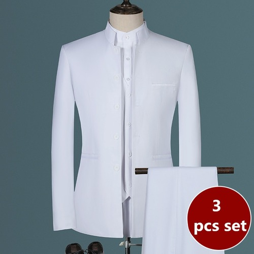 Men's Stand Up Collar Chinese Style 3Pcs Suit Set Slim Blazers Jacket
