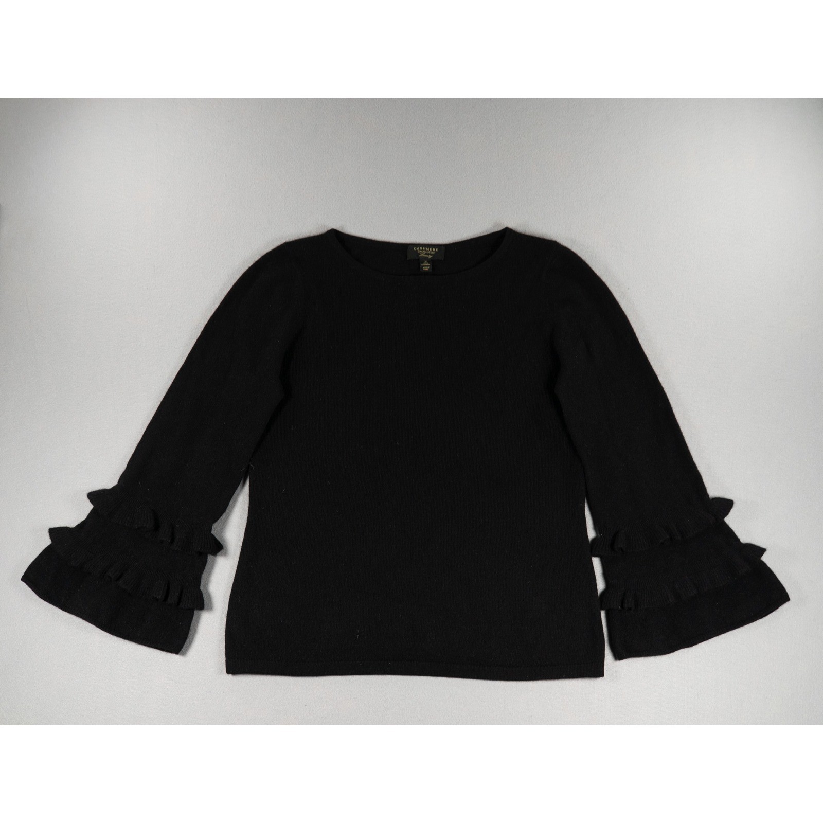 Charter Club 100% Cashmere Sweater Women M Black Ruffle Bell Sleeve Luxury Knit