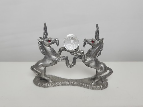 1985 SPOONTIQUE Pewter Unicorn Figurine Crystal Ball Red Rhinestone Eyes CM523 - Picture 4 of 10