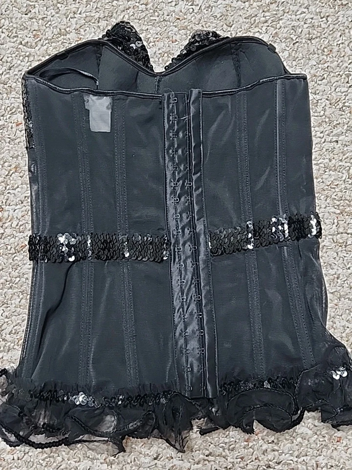 Black Sequin Bow Coquette Corset Bustier Size M Black Tie Event Holiday Sparkle - Image 2 of 4