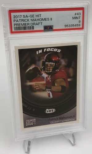 2017 PATRICK MAHOMES ROOKIE Card SAGE HIT PREMIER DRAFT IN FOCUS #43 PSA MINT 9