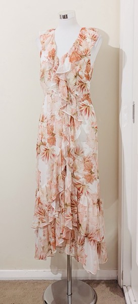 Portmans Size 8 Midi Wrap Dress White Coral Pink Floral Floaty Frill Party