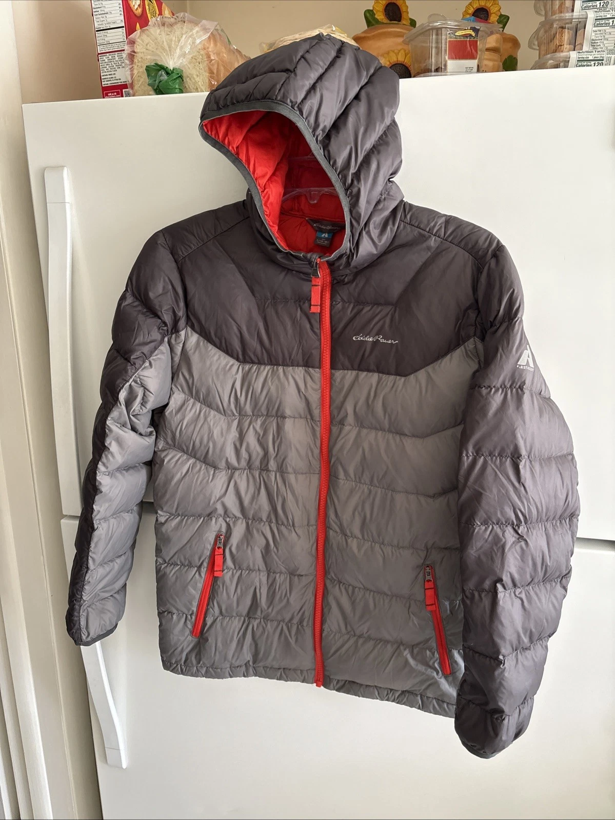 Eddie Bauer Gray Puffer Jacket Hooded Duck Down Lightweight Youth Sz L (14-16)