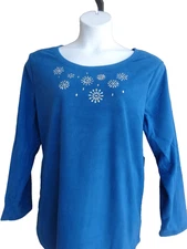 JUST MY SIZE 1X  POLAR  FLEECE BEAD EMBELLISHED ROUND NECK TOP BLUE