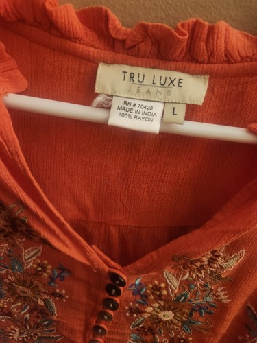 Tru Luxe Jeans Top Contadino Pullover Corallo Floreale Ricamato Hippie Retrò Taglia L - Foto 2 di 5