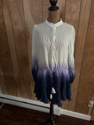 Karina Grimaldi Ombre Silk Blend Mini Dress Blue Green Tassel Tie Small
