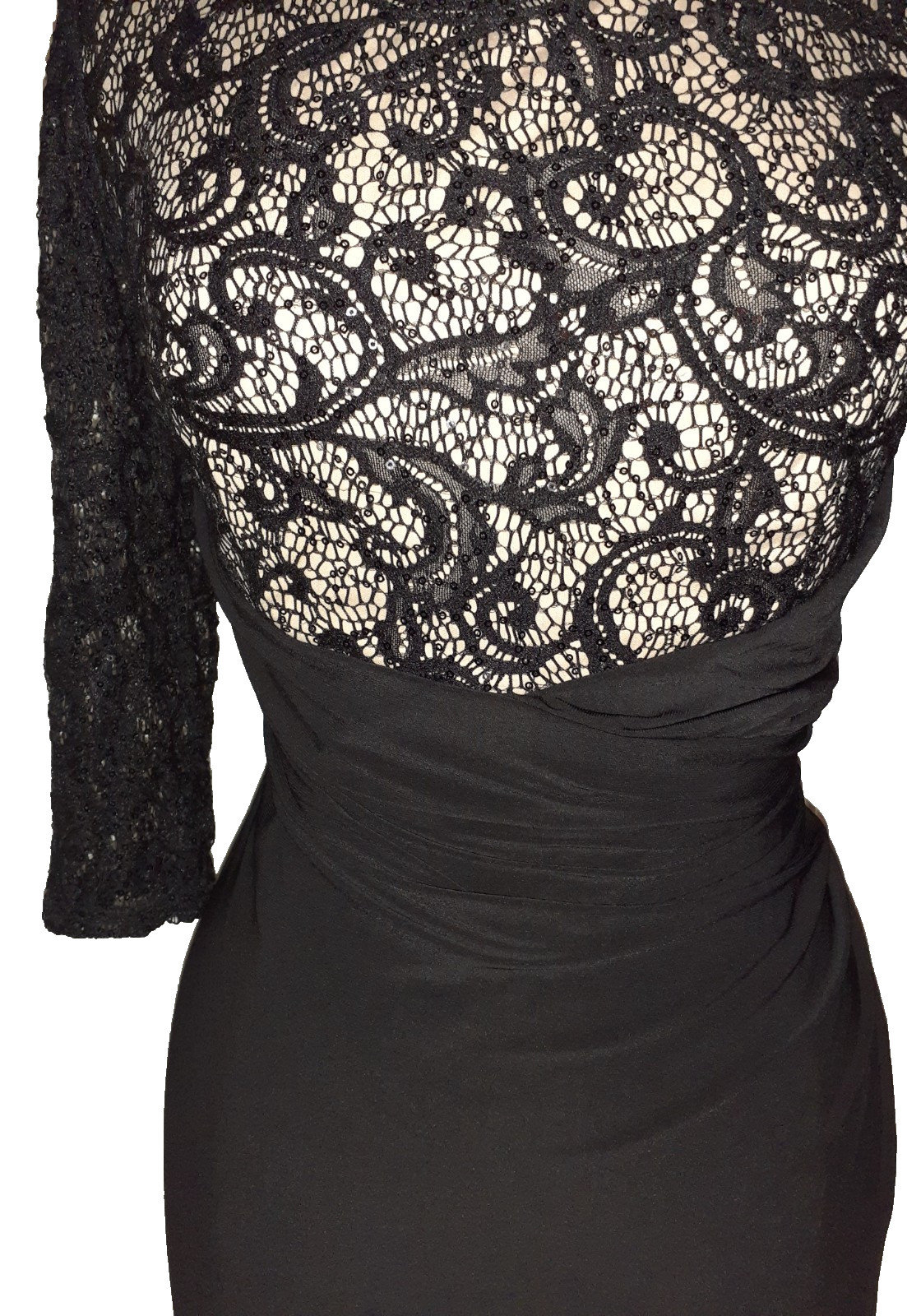 R&M RICHARDS Sz 12 Sheath Dress Black Lace Sequins 3/4 Sleeve Stretch Knit Midi