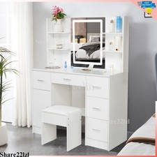 Makeup Vanity Table Set with LED Mirror Dressing Table  Drawers Shelves  Stool