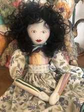 Handmade Cloth Rag Doll jointed wearing Dress Curly Black Hair handpainted face