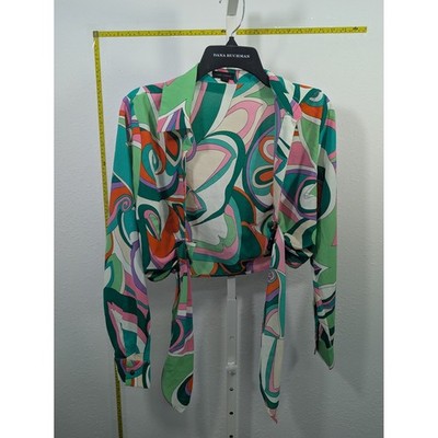 Miss Avenue Womens Psychedelic Swirl Print Front Tie Crop Top Green Pink Size M