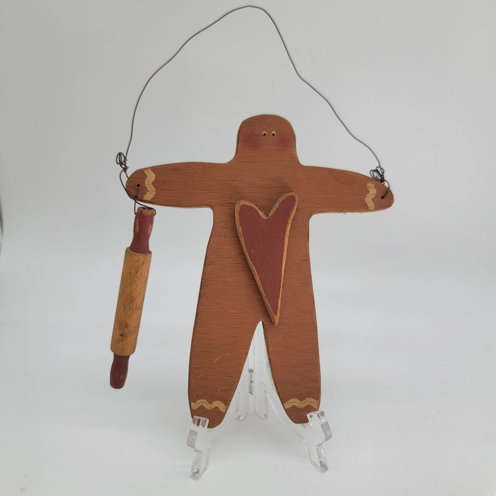 Signed Primitive Gingerbread Man Wood Wall Hanging Rolling Pin Folk Art Heart