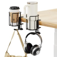 Large Desk Cup Holder, 2-in-1 Clip On Holder with Headphone Black- 2 Pack