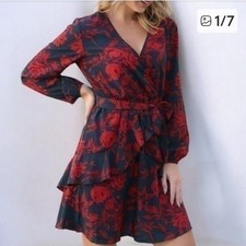 Floral Red And Navy Wrap Dress With Ruffle V-neck M