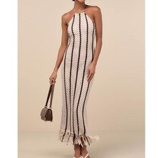 NEW Lulus Hedia Beige Striped Crochet Knit Halter Fringe Midi Dress Large