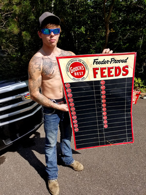 Vintage Goochs Farm Seed Corn Feed metal Sign cow pig 39 by 27.5