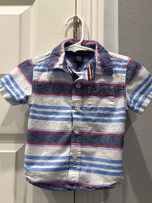 Tommy Hilfiger Boys 9-12M Striped Cotton Button-Up Shirt Collared Blue White Red