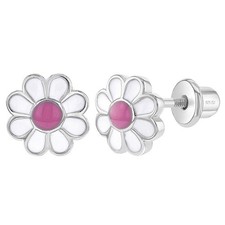 925 Sterling Silver Enamel Daisy Screw Back Earrings for Toddler Girls Flower