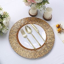GOLD 6 Plastic 13" Round CHARGER PLATES Embossed Peacock Pattern Party Events