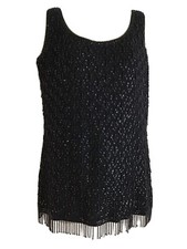 Vintage 50's Hand Beaded Knit Shell Top Fringe Sequins Metal Zipper B 36 EXLNT