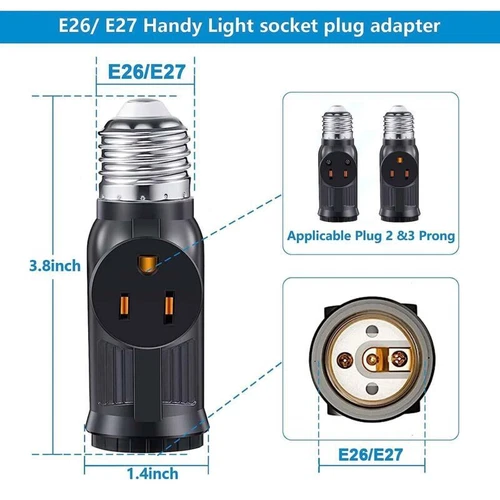 Light Socket To Plug Adapter E26/E27 2/3 Prong Light Bulb Outlet Socket Convert - Picture 3 of 15