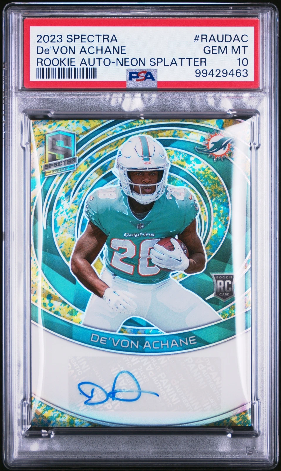 De'Von Achane Panini Spectra Rookie Autographs #RAUDAC Neon Splatter