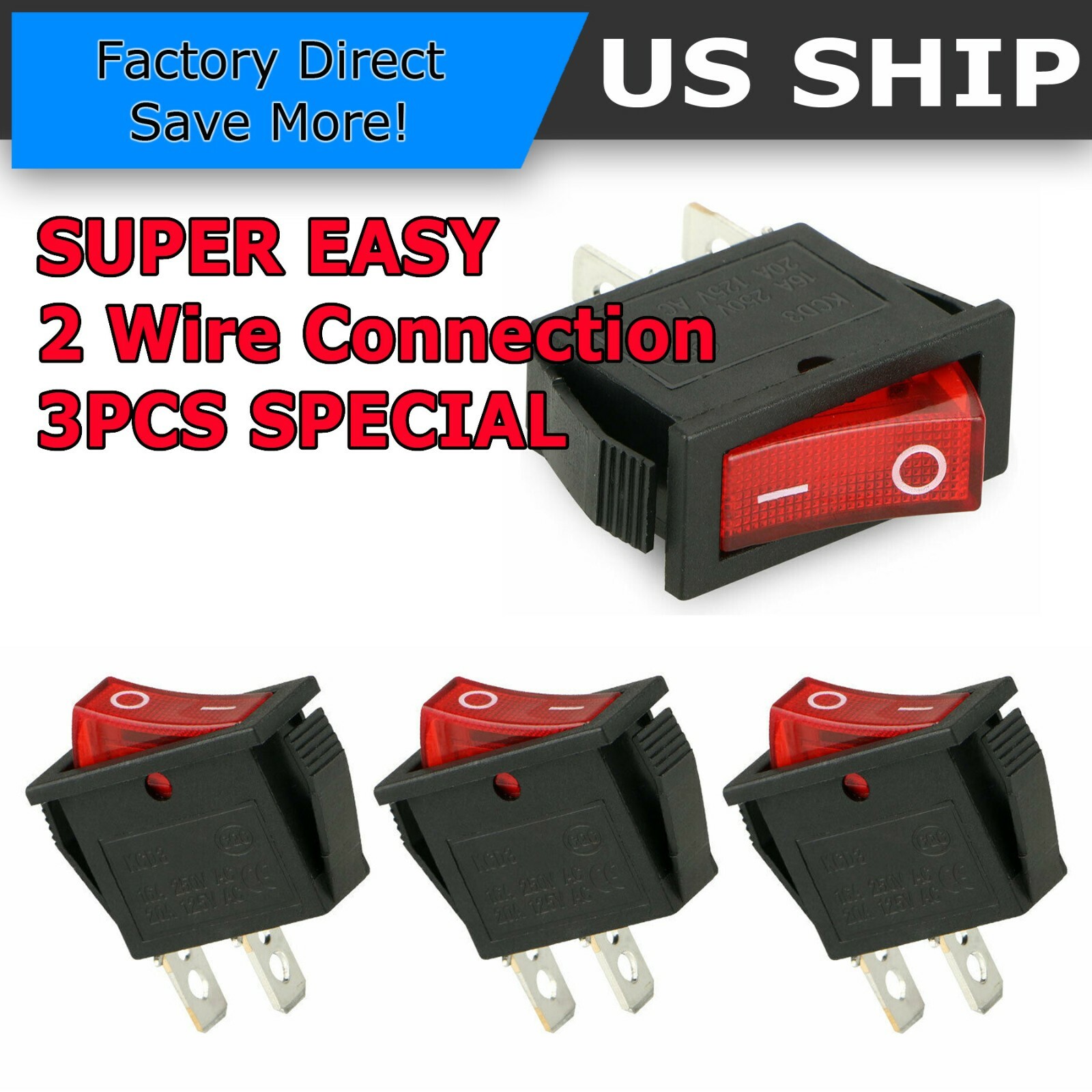 3pcs Car Auto Rocker Switch SPST ON OFF Toggle 15 AMP 250V 20 AMP 125V