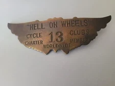 Solid Brass Hell on  Wheels Biker Badge Collectable Brass Motorcycle Badge Pin