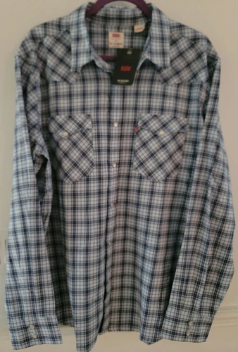 NWT Levis "The Western" Pearl Snap Shirt Blue Plaid Men's XL $69.50 MSRP