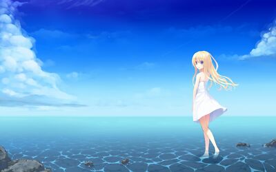 Anime girls sea white dress sun blonde blue eyes sky CCG Gaming Mat Desk
