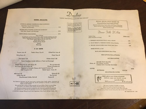 Centennial Menu, 1869-1969, set of 3, different covers, Domeliner Portland OR - Picture 4 of 10