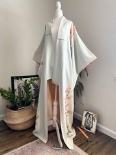 Vintage Japanese Kimono Duster Robe Light Blue Floral Pattern