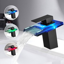 LED Bathroom Sink Faucet Waterfall Single Hole Handle Vanity Faucets Matte Black