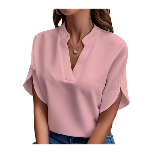 Camicetta manica corta t shirt tunica top donna magliette scollo a V sciolto ufficio tinta unita - Foto 6 di 24