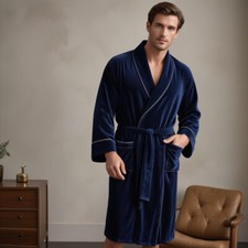 Men's Smoking Jacket Navy Blue Velvet Robe Relaxing Evening Gown Knee Length