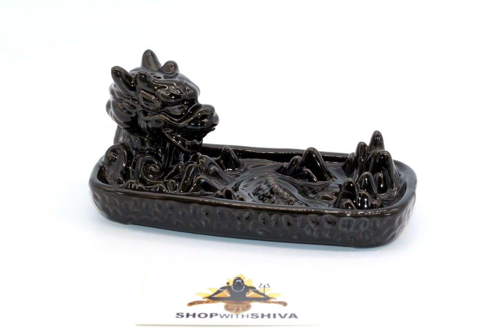 Backflow Incense Burner - Dragon In Mountain Ceramic Black Back Flow Cone Holder