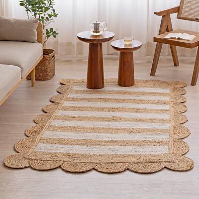 Carpet Scallop Jute Rug Natural Fiber Braided Style Rectangle Floor Area Rug