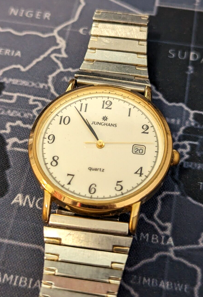 Vintage Junghans Quartz Watch Gold White 34.5mm Date Rare Vintage Junghans Quartz Watch Gold White 34.5mm Date Rare